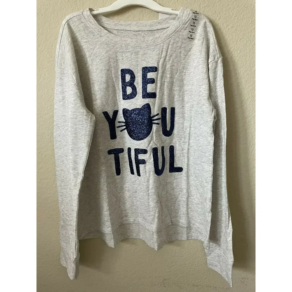 Justice Gray Blue Sparkle Be Beyoutiful Cat Girls’ Long Sleeve Tee Top Size 12
